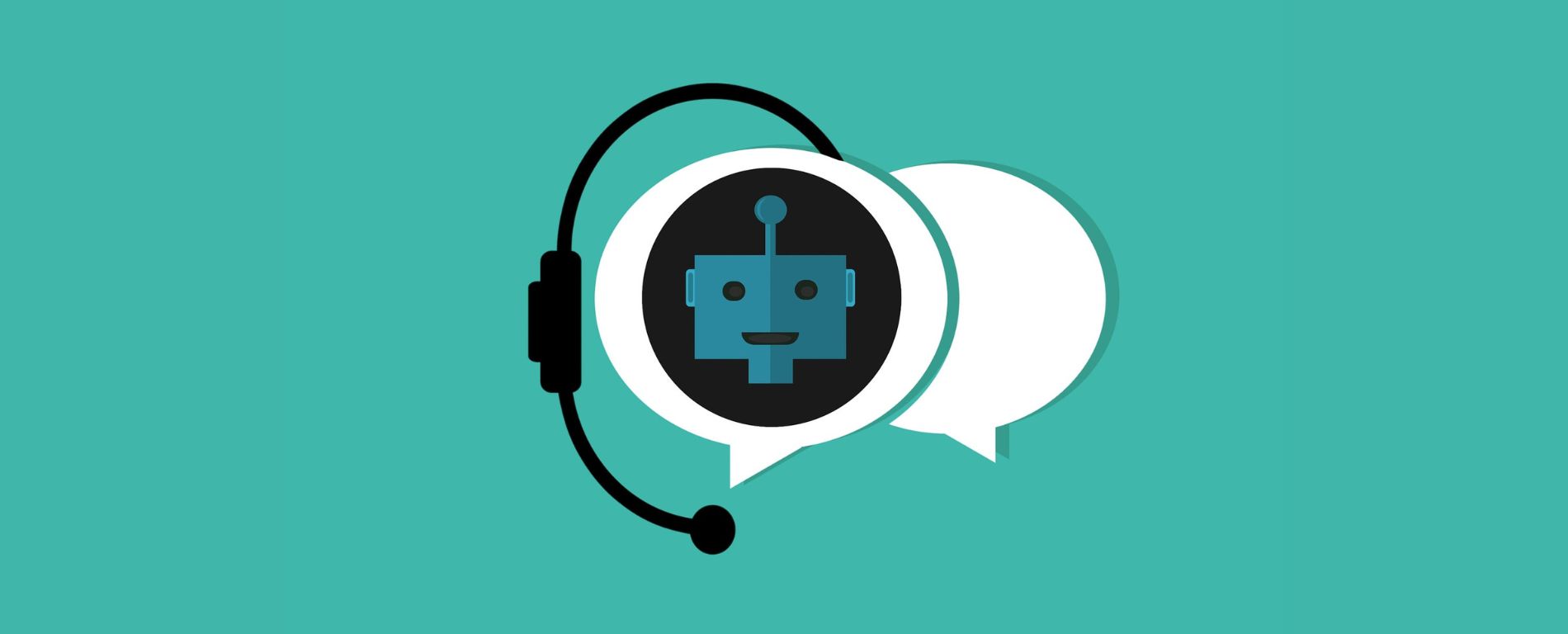 A cute assistant robot with headphones and talk bubbles in the background