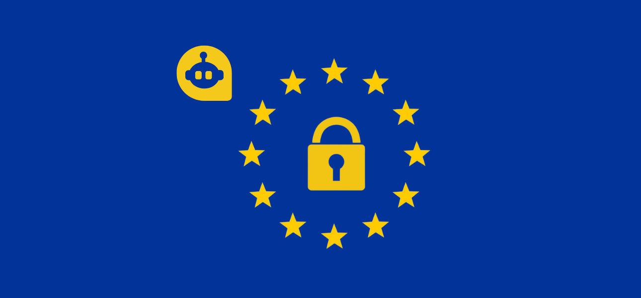 A yellow lock in the center of the EU flag, surrounded by stars and a single bubble looks like a robot representing chatbots
