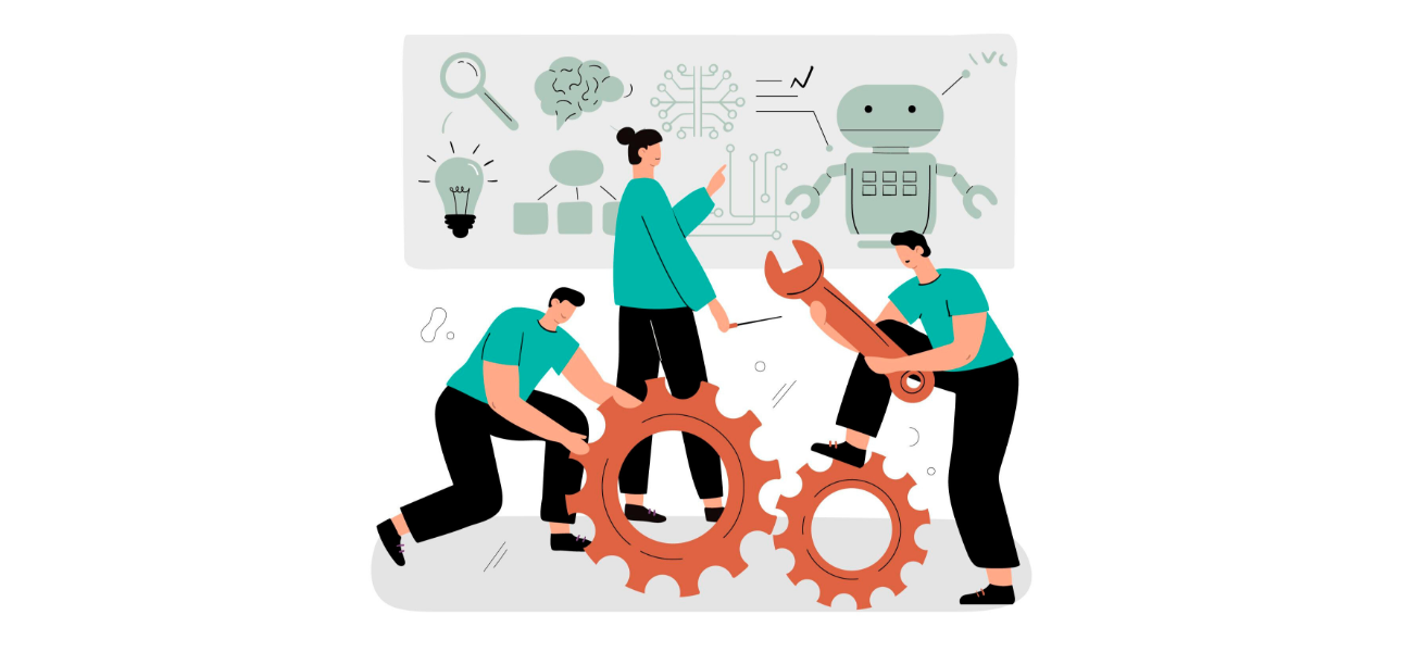 A vector illustration of three people around two gears, seemingly fixing it